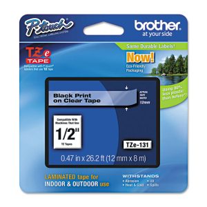 ETIQUETA BROTHER TZE131 NEGRO SOBRE TRANSPARENTE  PTD210,PTD220,PTP300 ANCHO 12 MM 8 METROS LONGITU